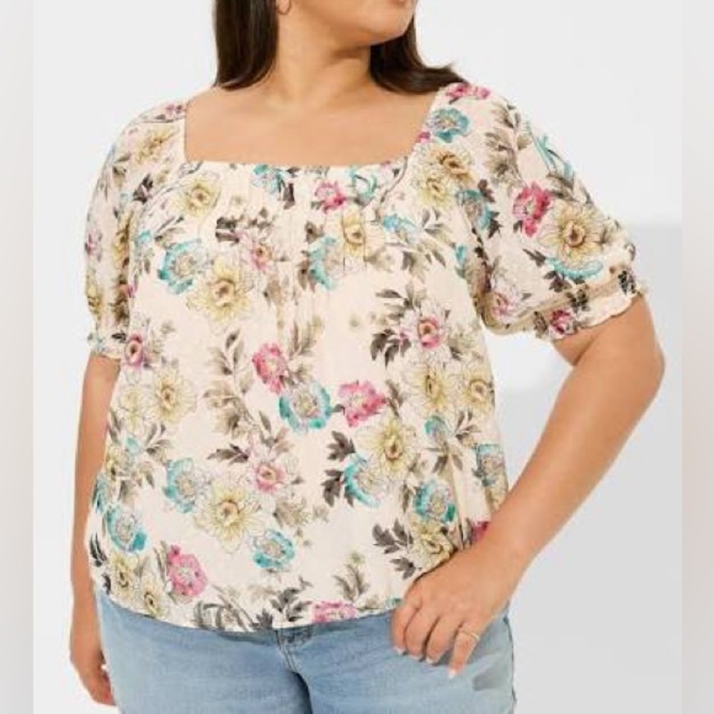 Plus Floral Square-Neck Blouse in Cream